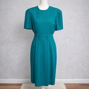 Vintage Via Sant Andrea Embroidered Teal Midi Dress 1980s Secretary Office Siren